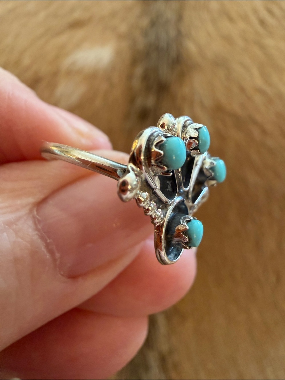❤️ Navajo Kingman Turquoise Sterling 4 Stone Sz 7 Fan Shape Native American Ring - Picture 5 of 15